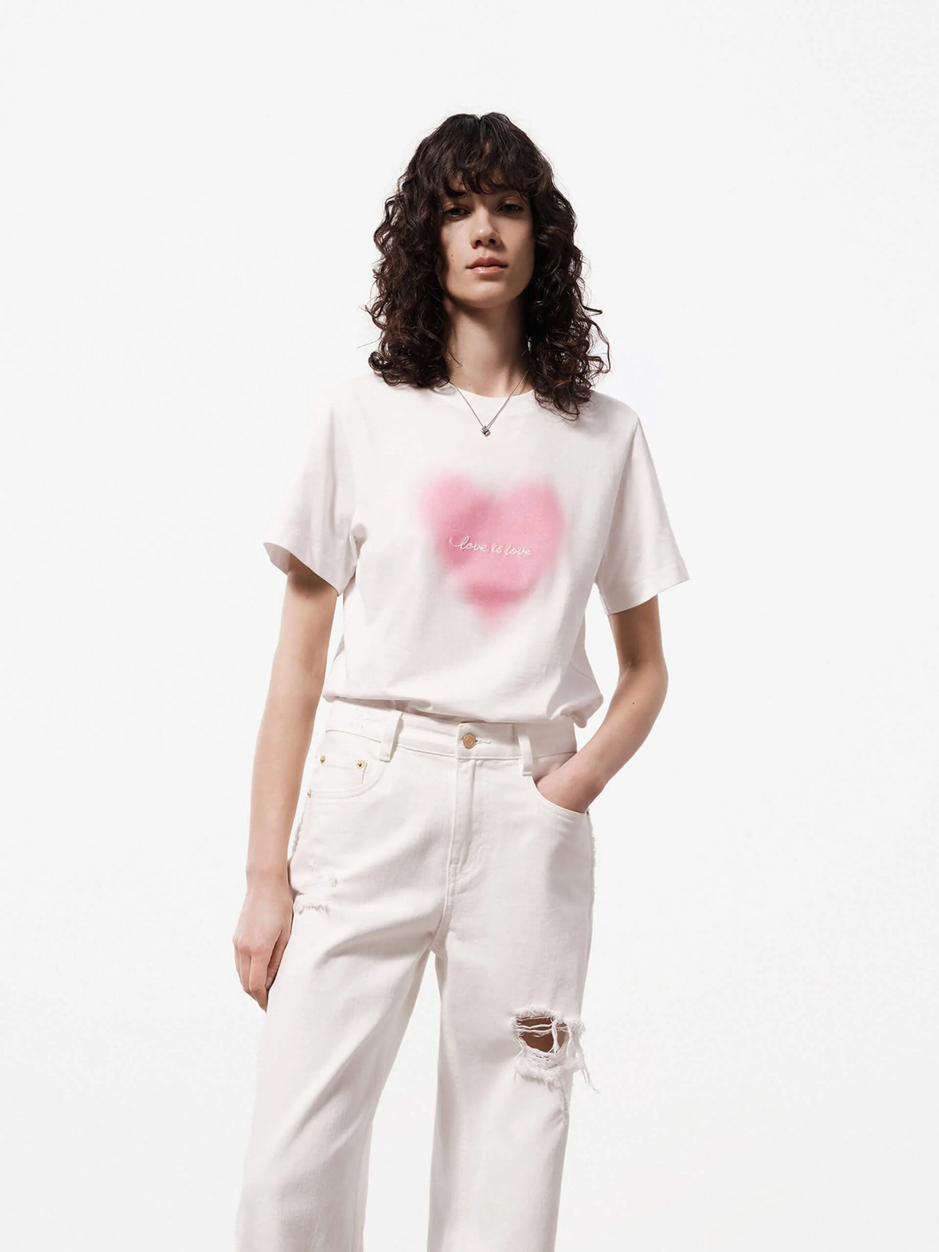 Cotton Heart Print T-shirt V neck style