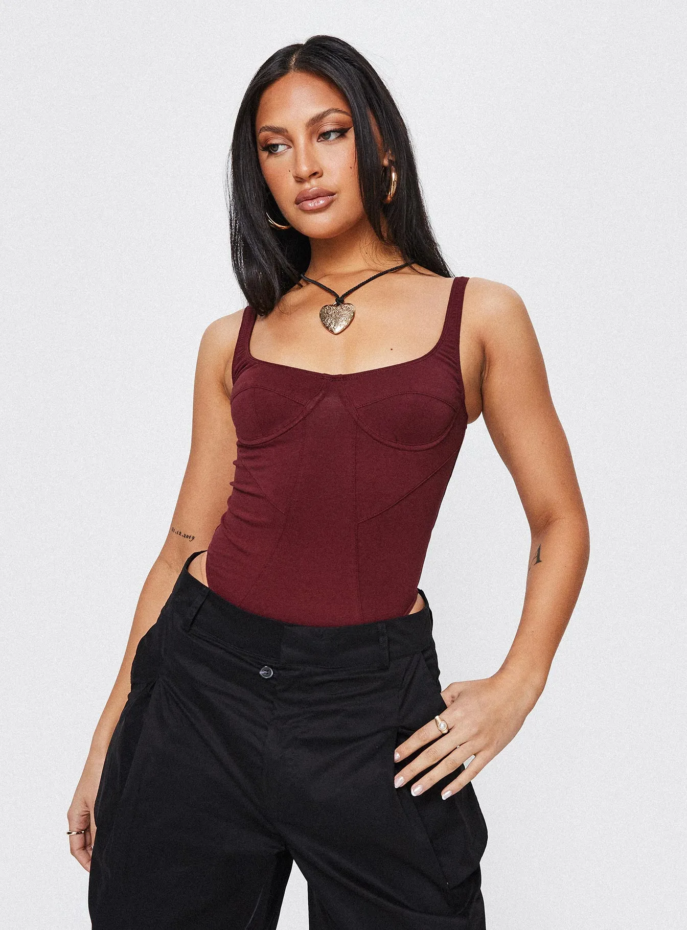 Stretch Event Office work Je Taime Bodysuit Burgundy