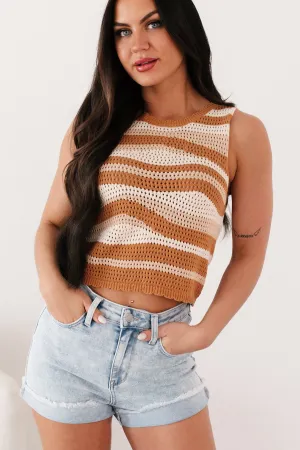 Bonded Seam Technology Street Coolness Timelessly Trendy Striped Crochet Sweater Tank (Cream/Multi)