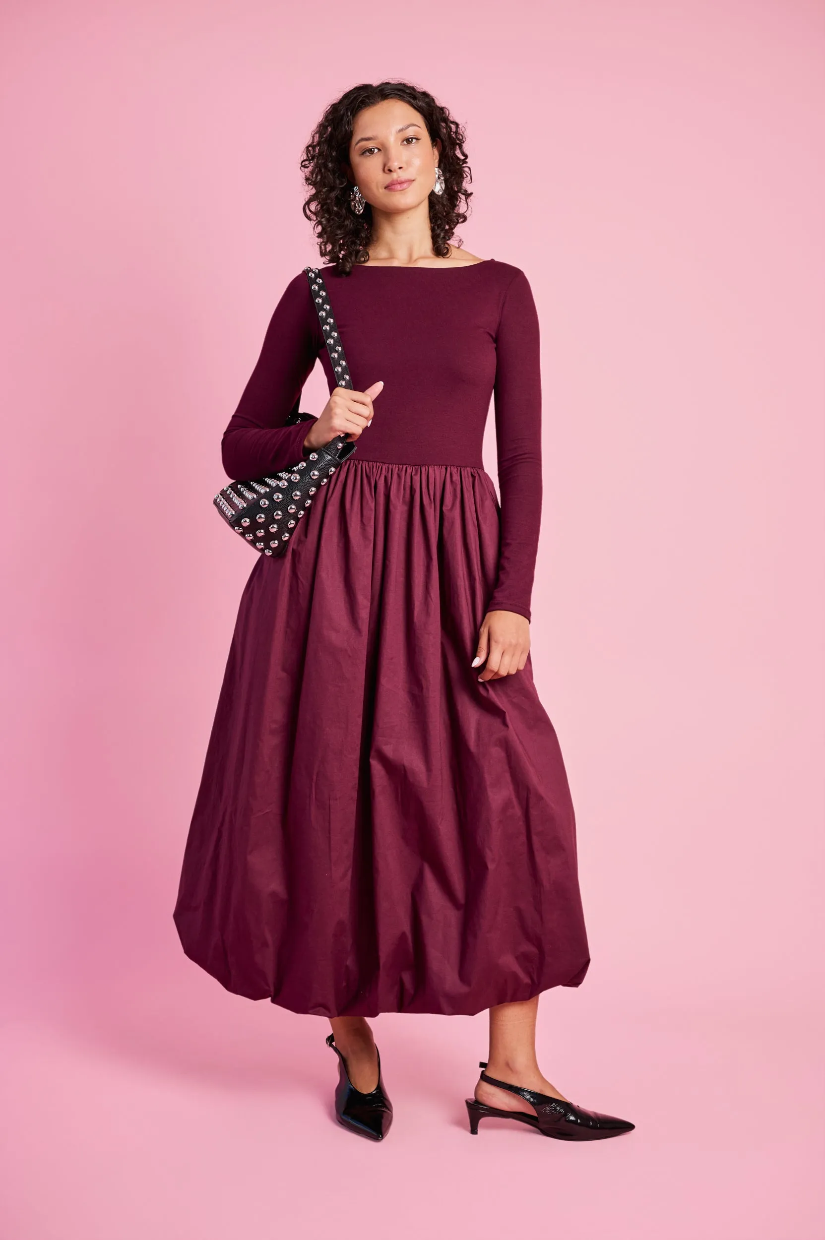 Spark Mood Flexible Fabric Blend Long Sleeve Combo Dress in Burgundy