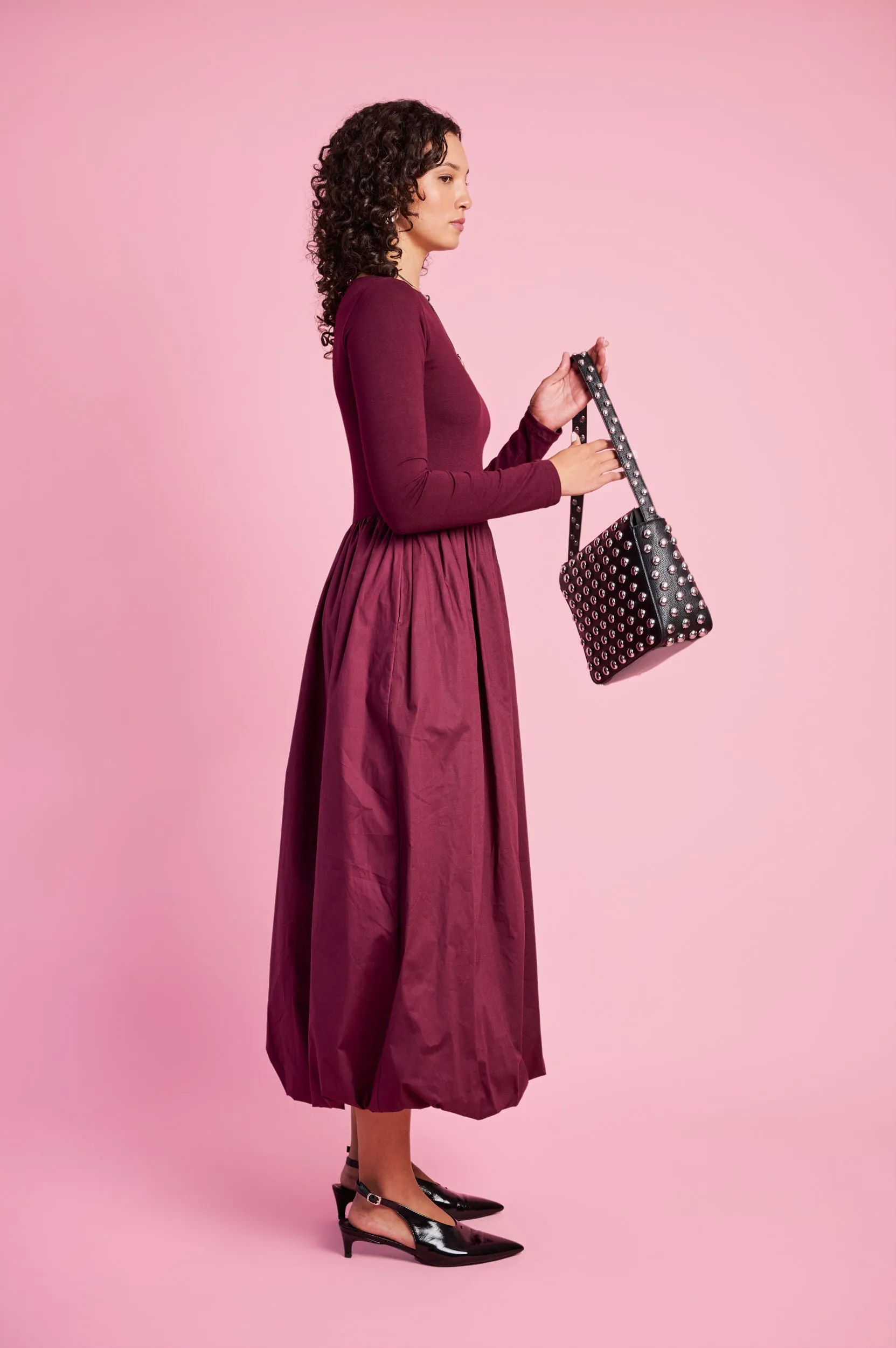 Heavy Silk TemperatureControlTechnology Long Sleeve Combo Dress in Burgundy