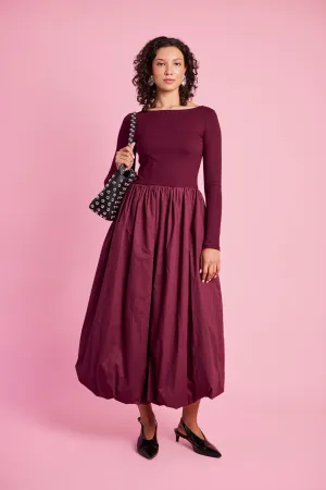 Long Sleeve Combo Dress in Burgundy HypoallergenicTextile