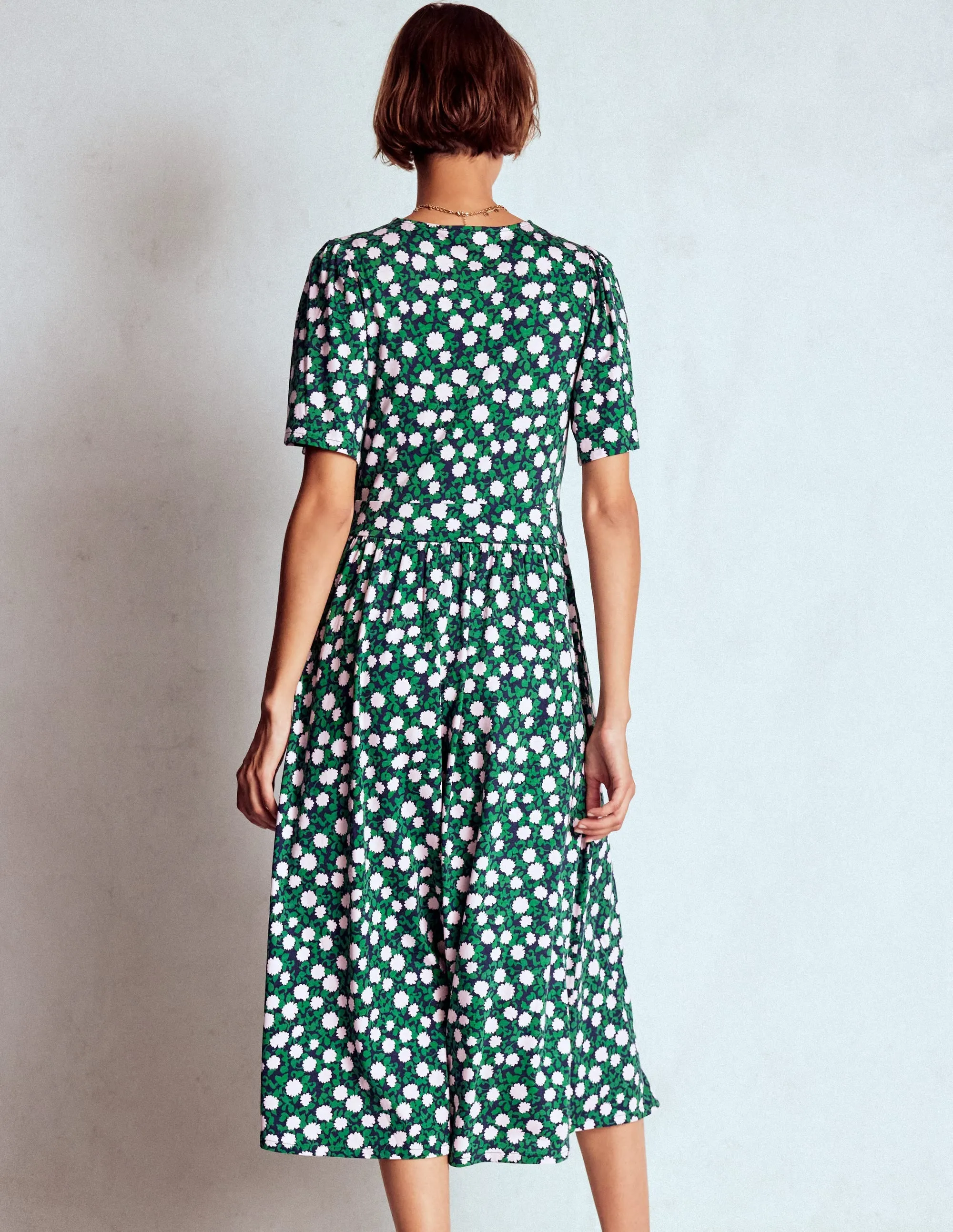 Louisa Jersey Midi Dress-Rich Emerald, Floweret Vine Coral Glow Polished Ease