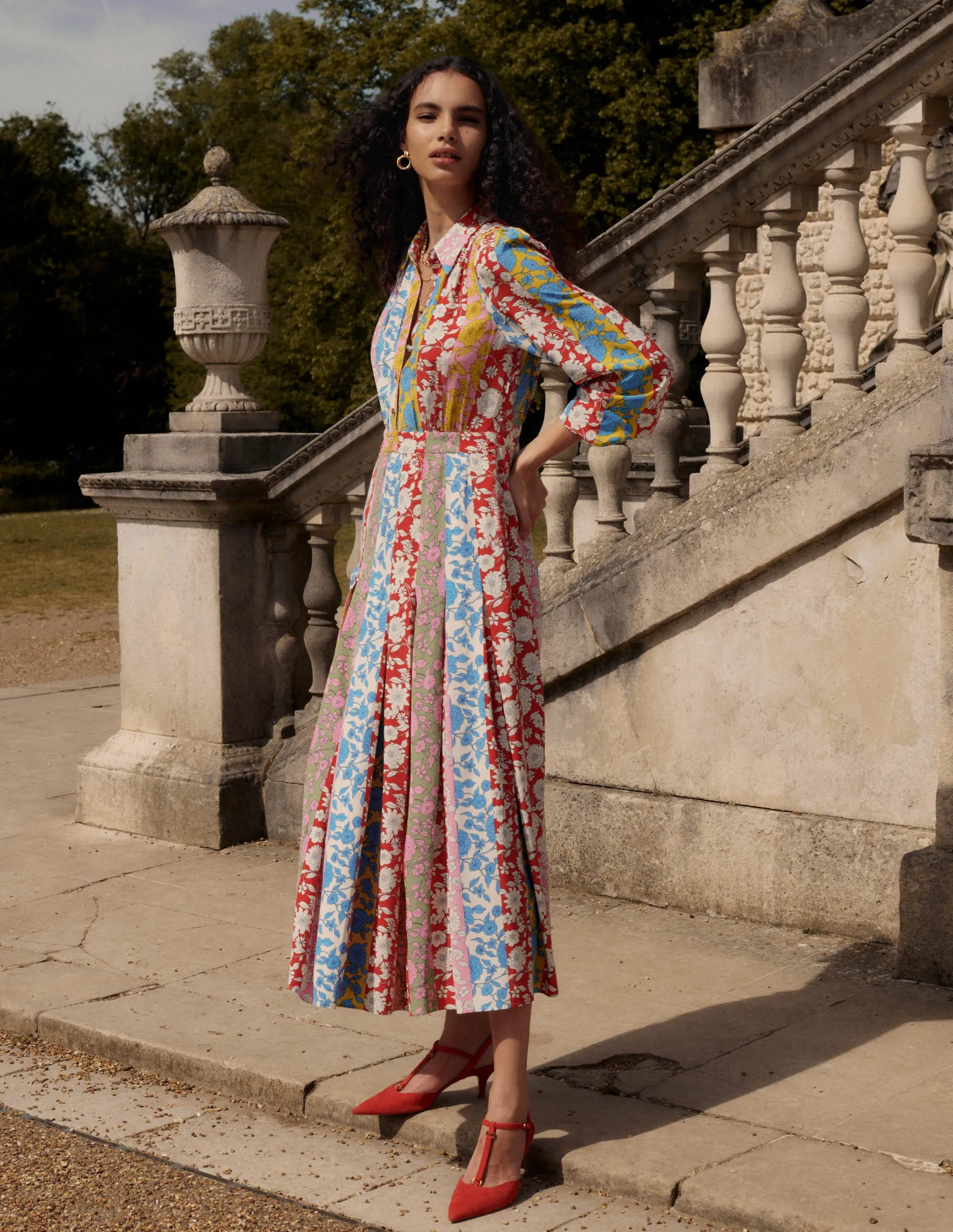 Graceful Aging Pleat Skirt Shirt Dress-Multi, Dahlia Trail Stripe