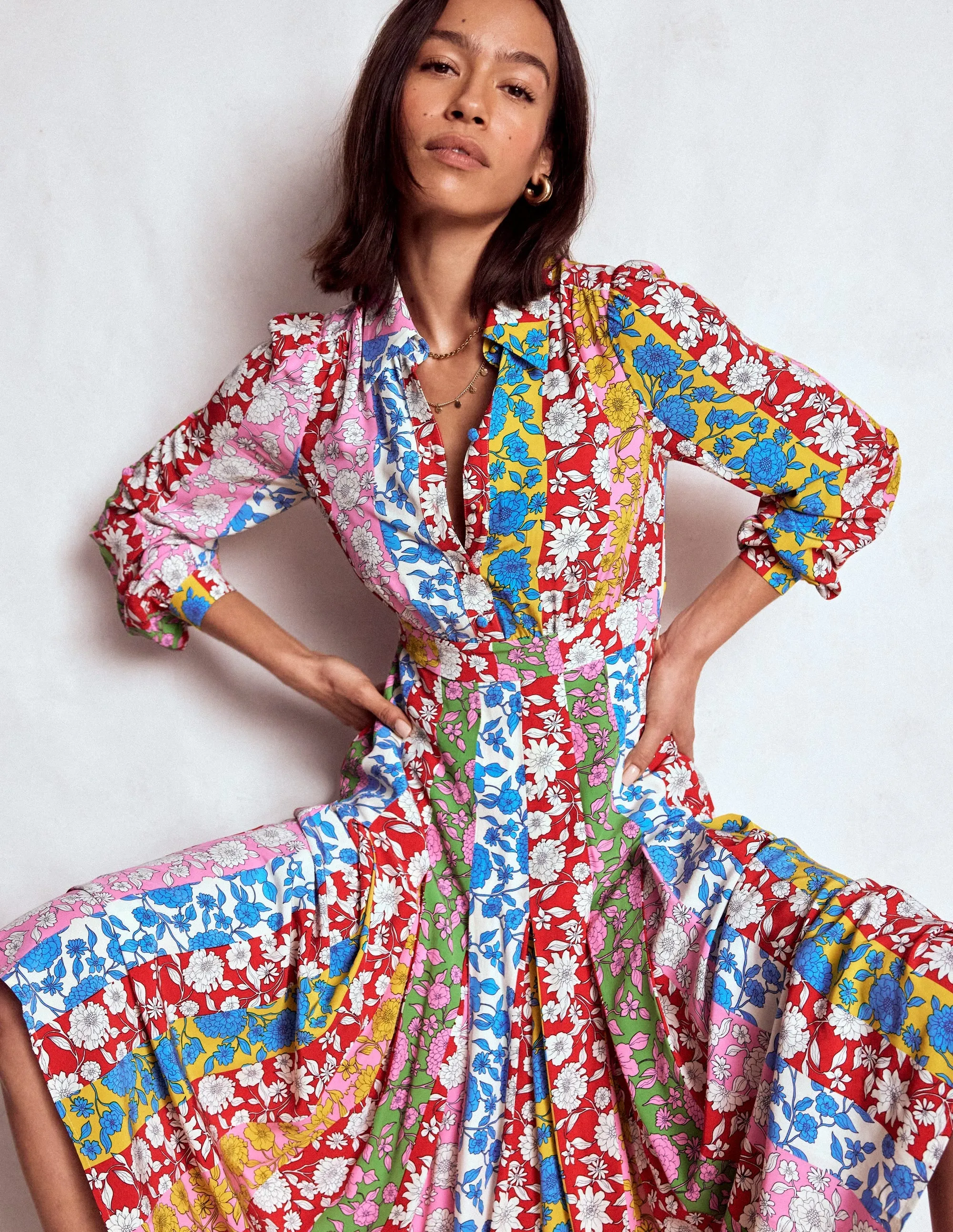 Pleat Skirt Shirt Dress-Multi, Dahlia Trail Stripe Comfy Elegance