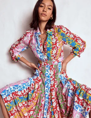 Pleat Skirt Shirt Dress-Multi, Dahlia Trail Stripe Comfy Elegance