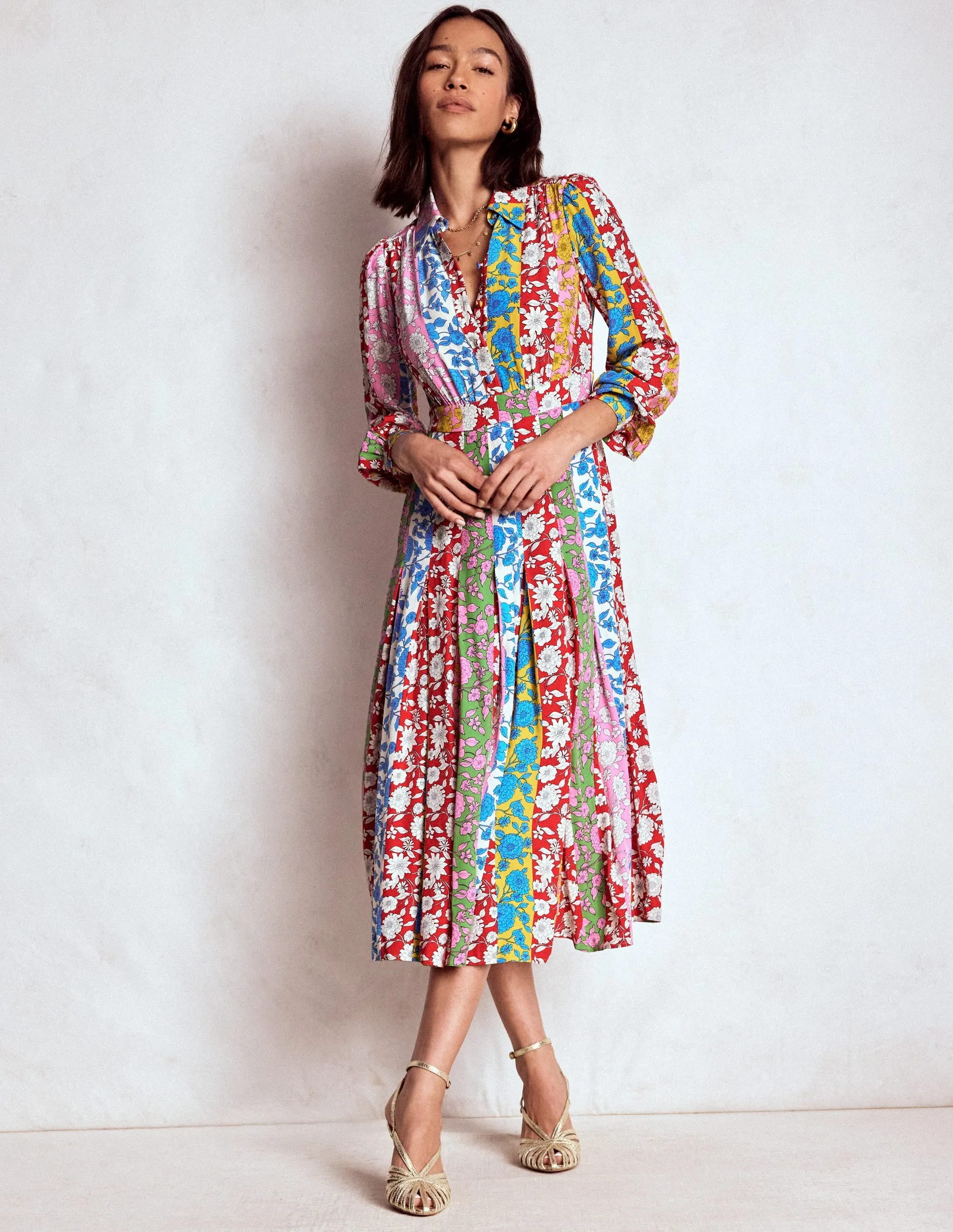 Pleat Skirt Shirt Dress-Multi, Dahlia Trail Stripe Summer Picnic Glam Lady