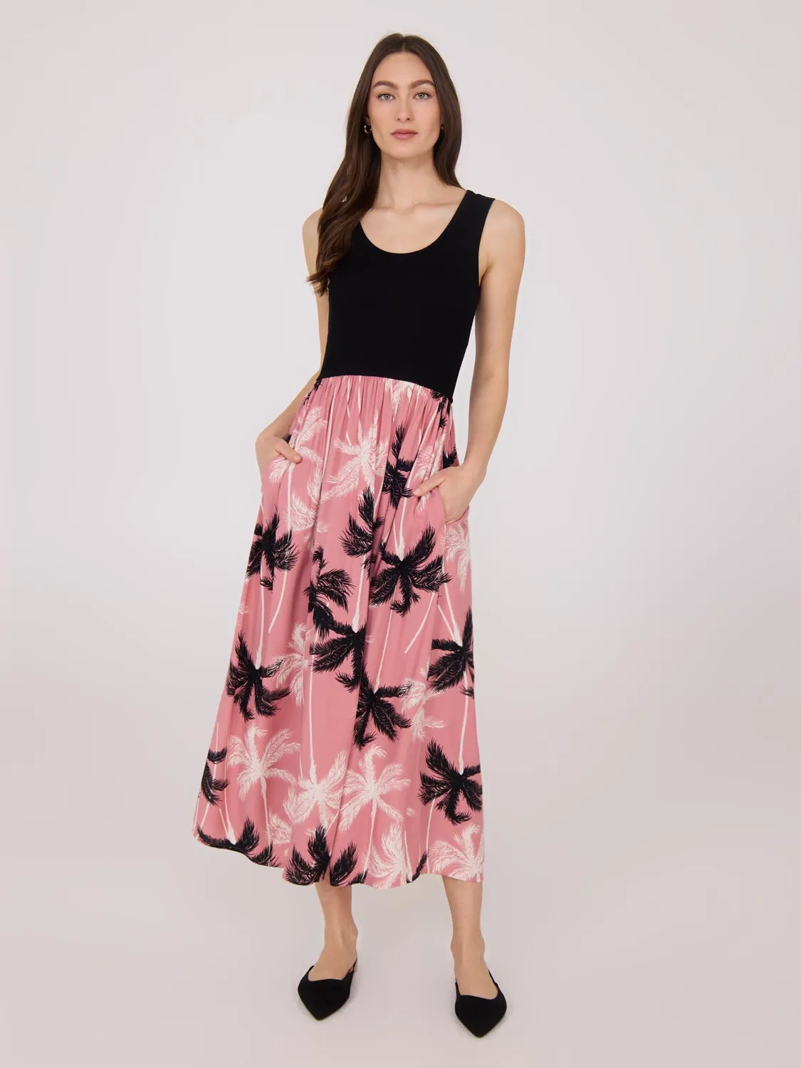 Scoop Neck Midi Dress With Floral Skirt Harbor Light