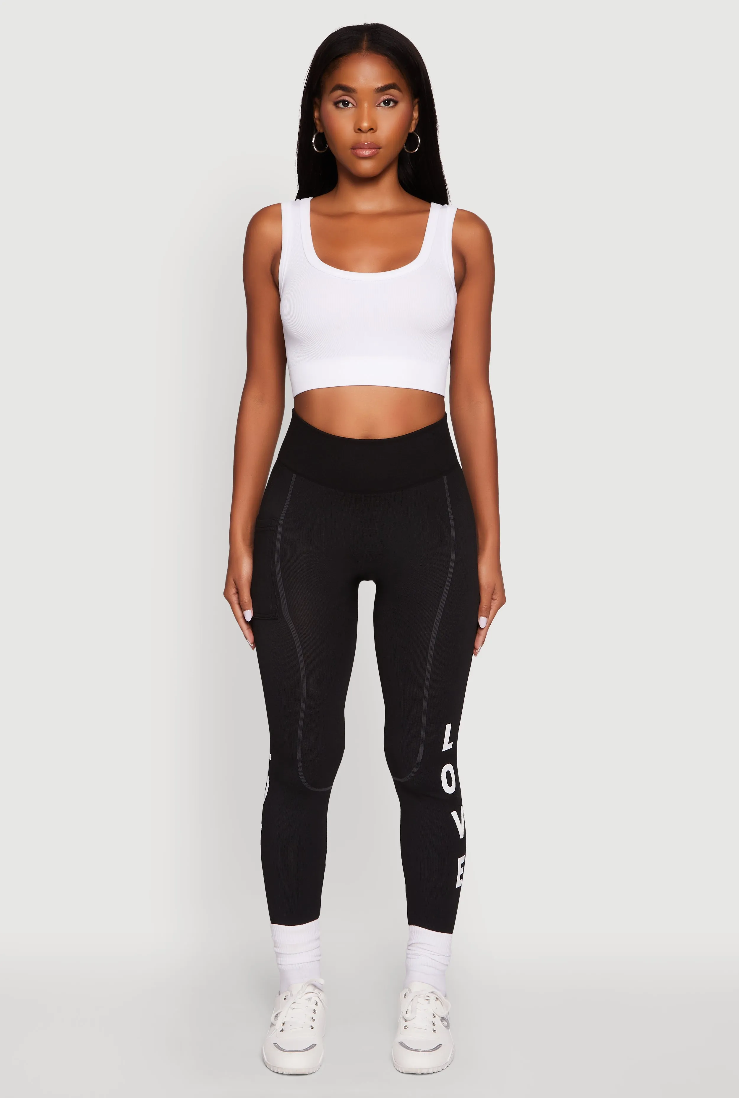 Love Graphic High Waisted Leggings with Cell Phone Pocket Dance Studio Mesh Panel