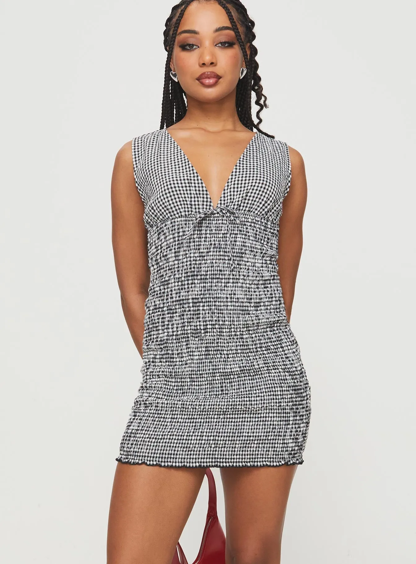 Light Fresh Easy Care Fabric Solving Shirred Mini Dress Black Gingham