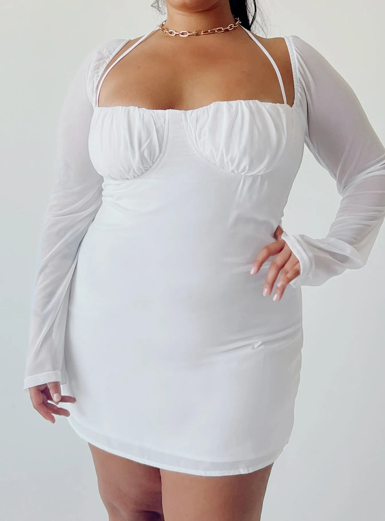 Dyer Sheer Sleeve Mini Dress White Curve Rounded Neckline Minimal Seam