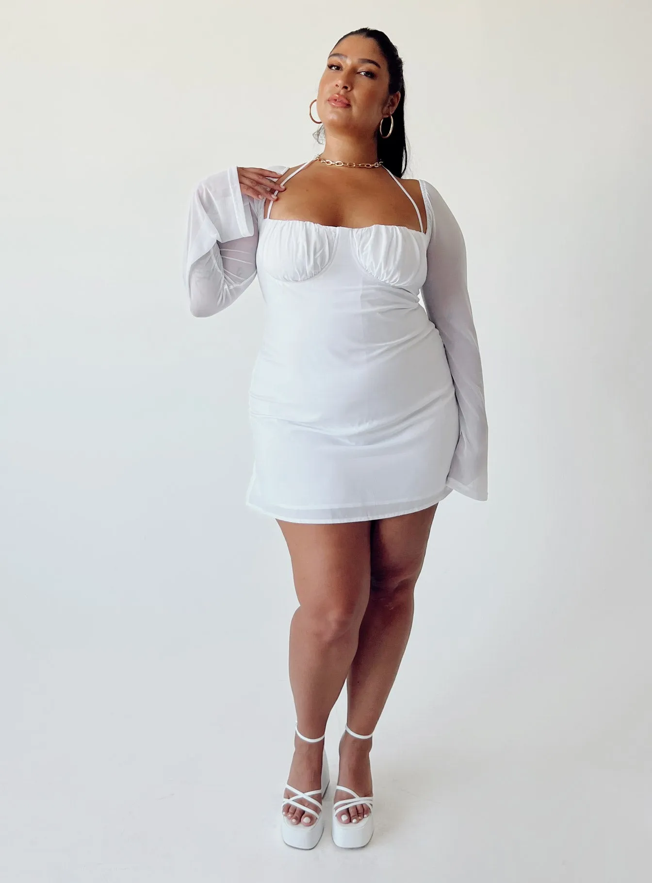 City Mode Dyer Sheer Sleeve Mini Dress White Curve
