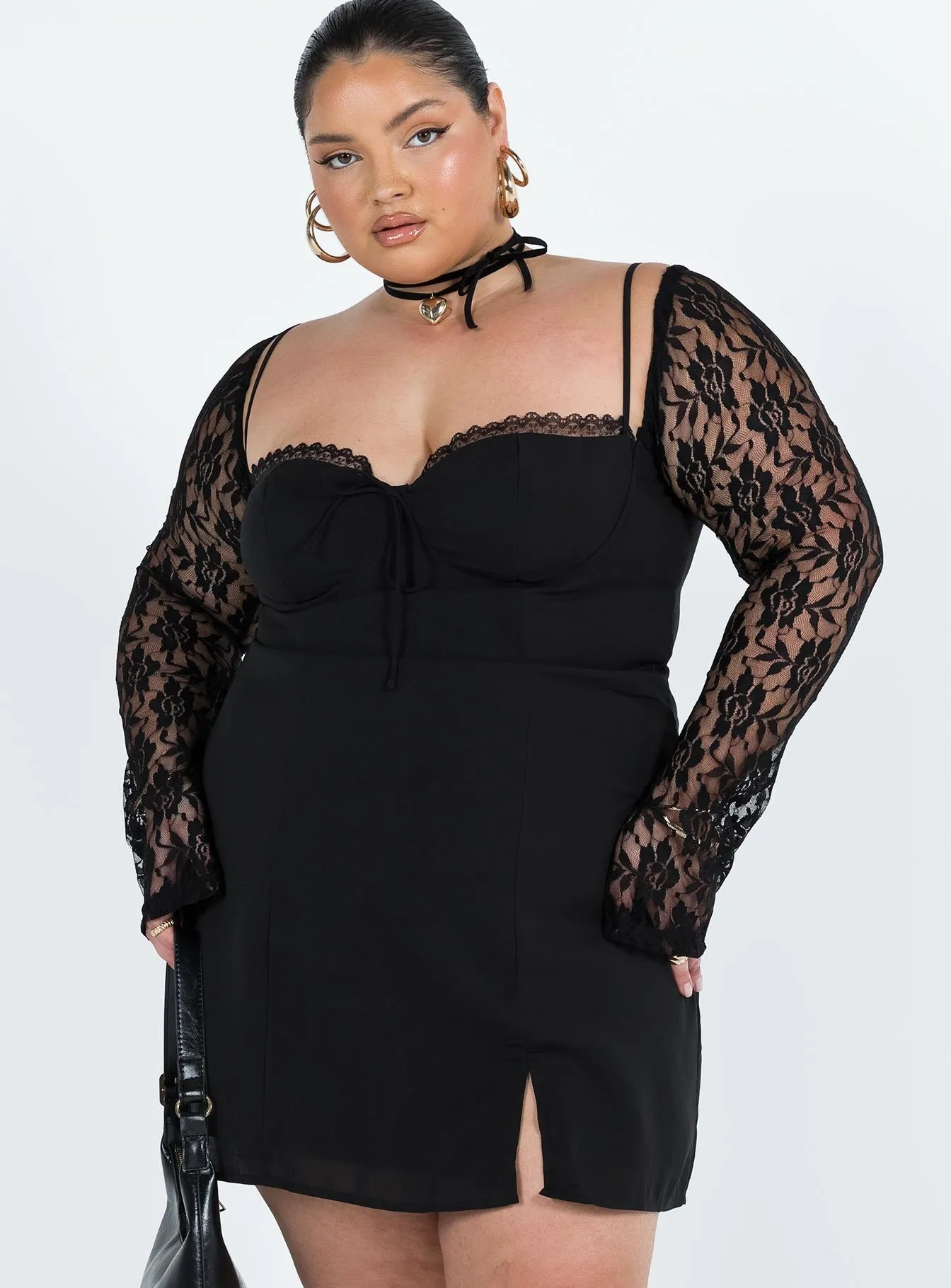 Layer Free Stage Vibe Ashwood Lace Sleeve Mini Dress Black Curve