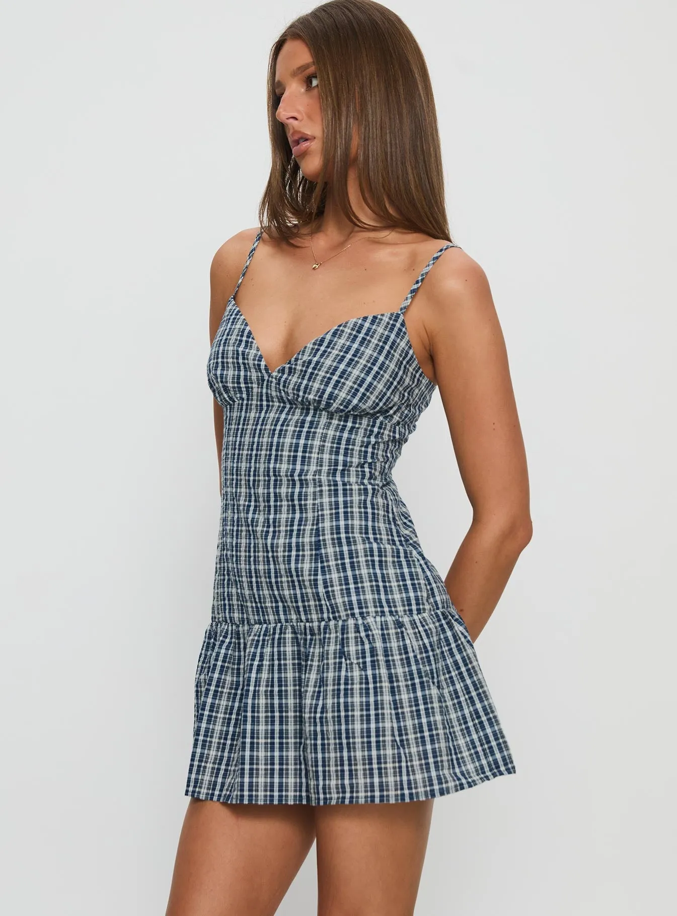Jessamae Drop Waist Playsuit Blue Check Quick Scene