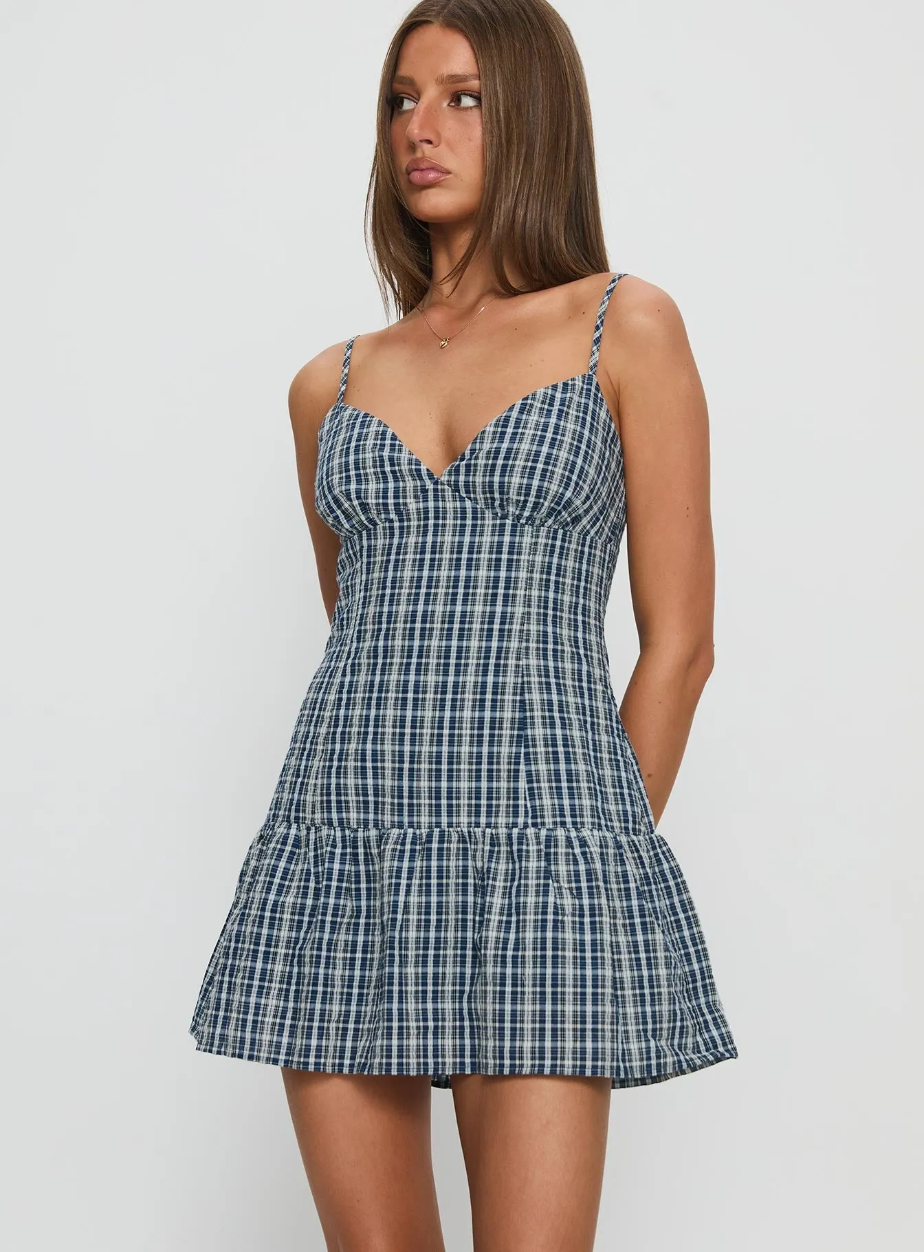 Jessamae Drop Waist Playsuit Blue Check Boho chic Wrinkle resistant fabric