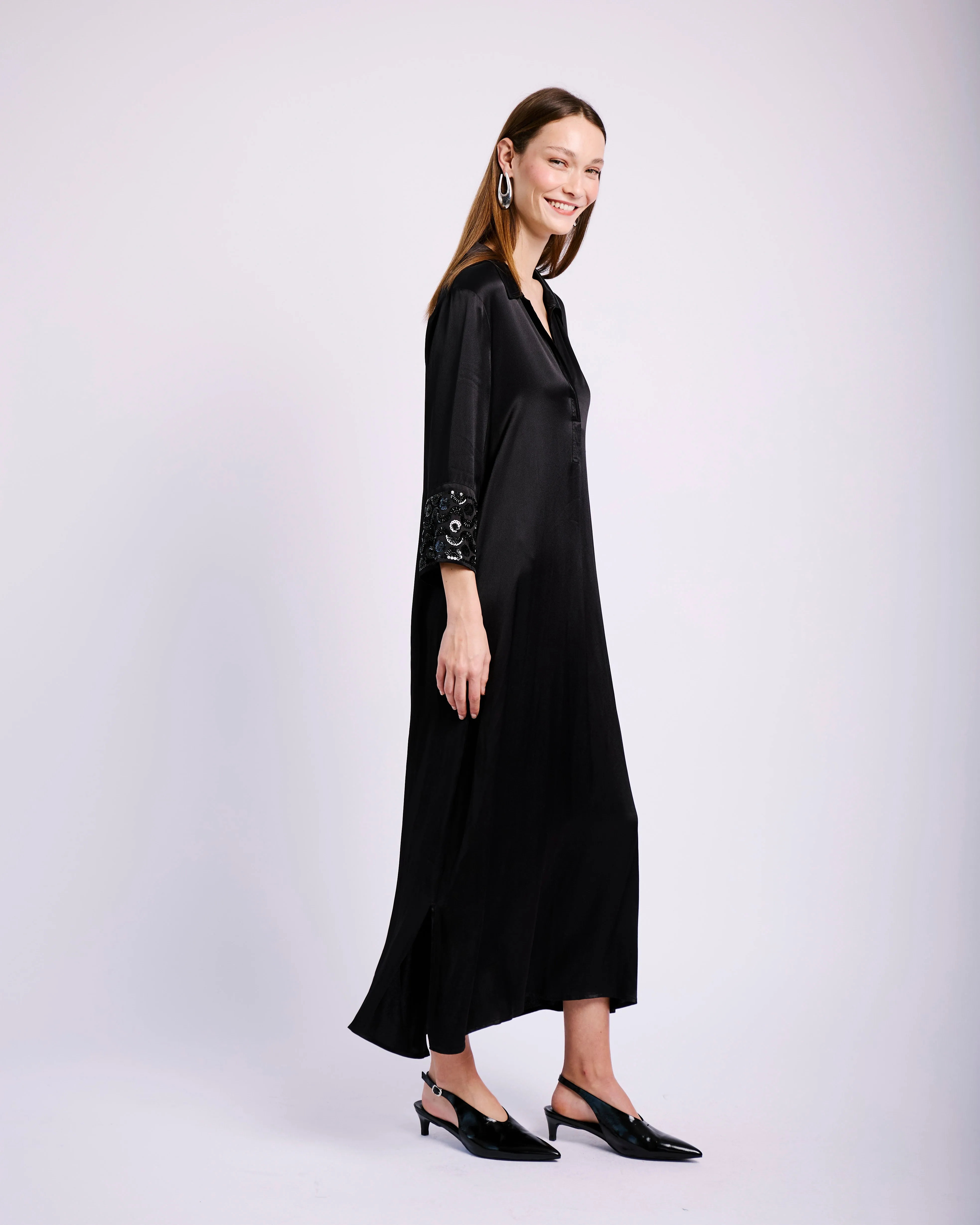 Shine Fit Vented Panels Satin Tunic Dress with Sequin cuffs