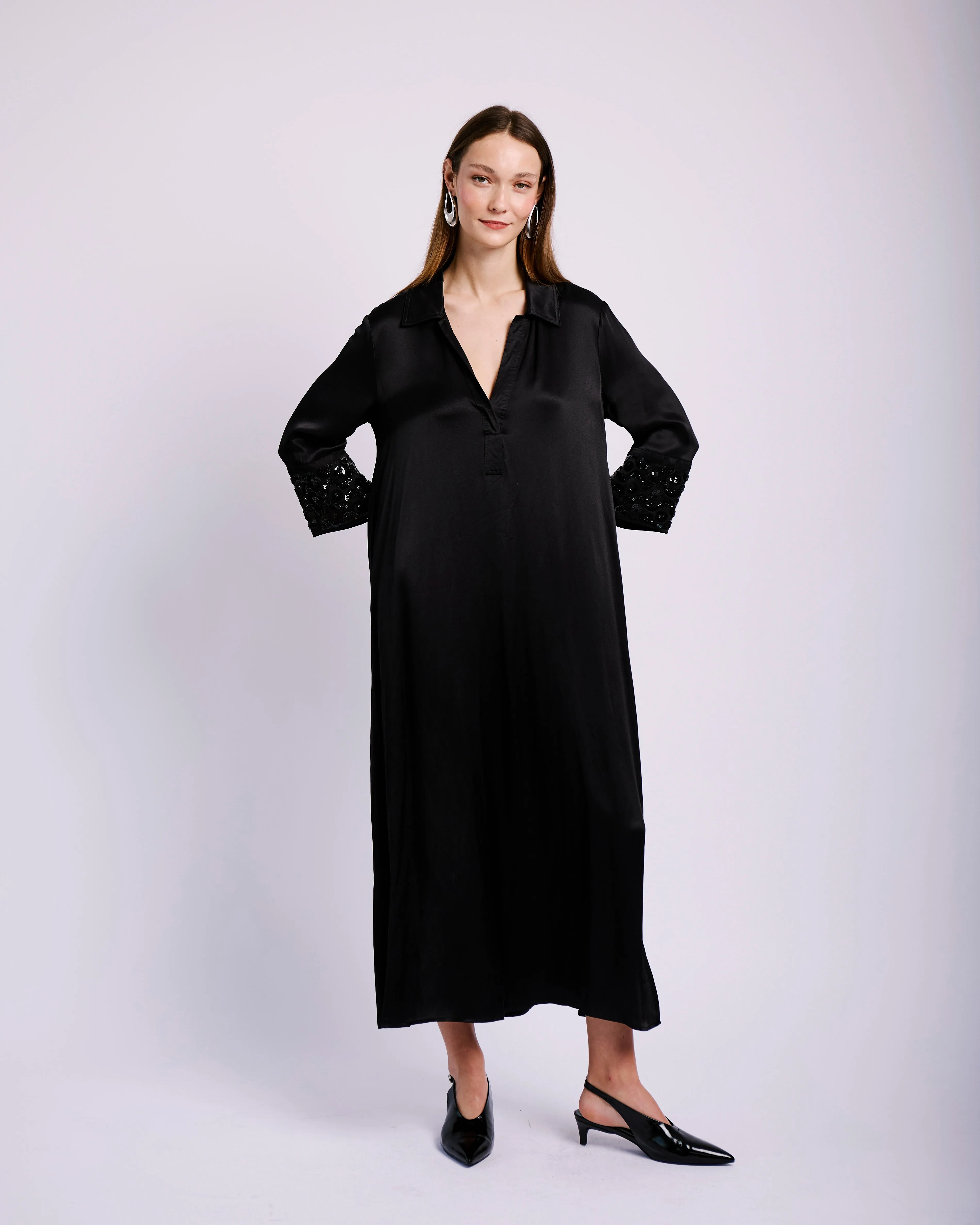 MultiPocketDesign Legend Glow Satin Tunic Dress with Sequin cuffs