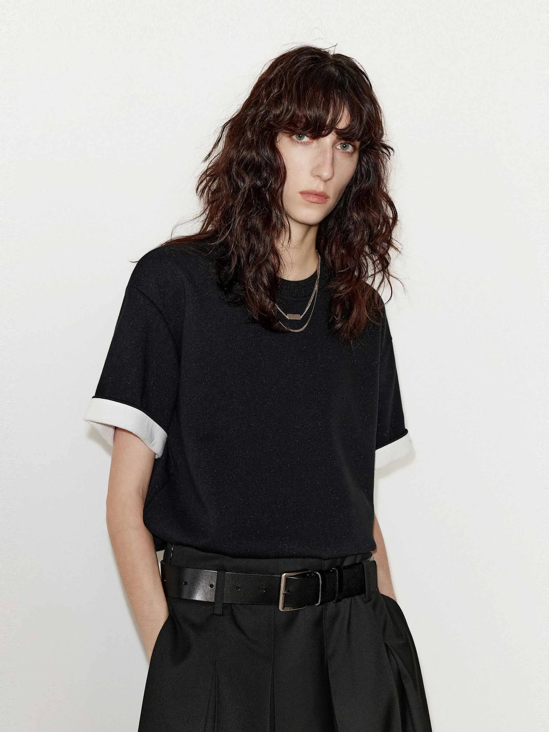 Wrinkle Resistant Material Turn Up Detail Regular T-shirt