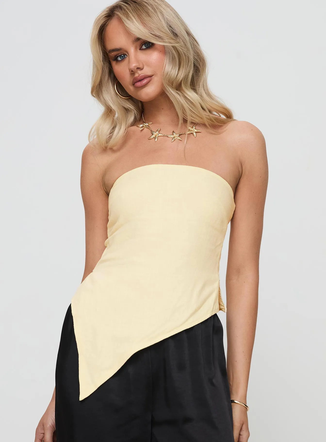 LowMaintenanceMaterial Birdie Asymmetric Linen Blend Top Lemon