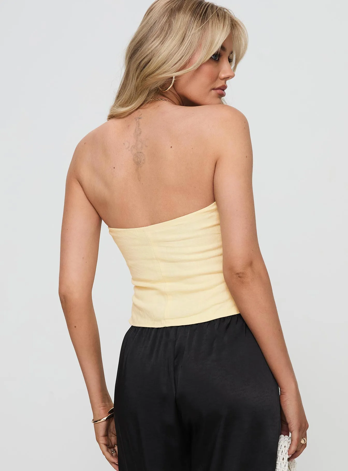 Ribbed Collar Design Relaxed Dress Birdie Asymmetric Linen Blend Top Lemon