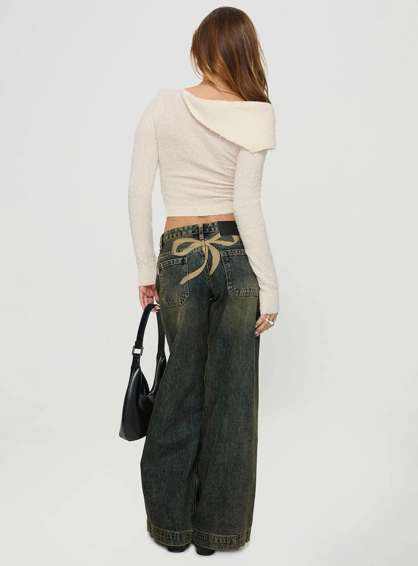 Ribbon Stamp Low Rise Wide Leg Jeans Antique Wash Petite Artist Vibe Premium