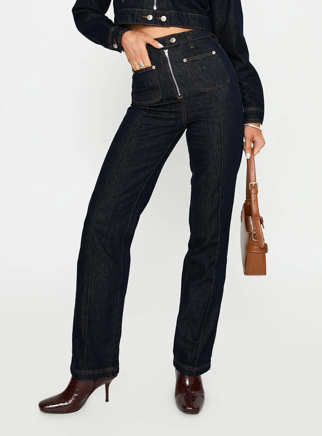 Classic Five Pocket Design Perfect For Daily Stallion High Rise Straight Leg Jeans Indigo