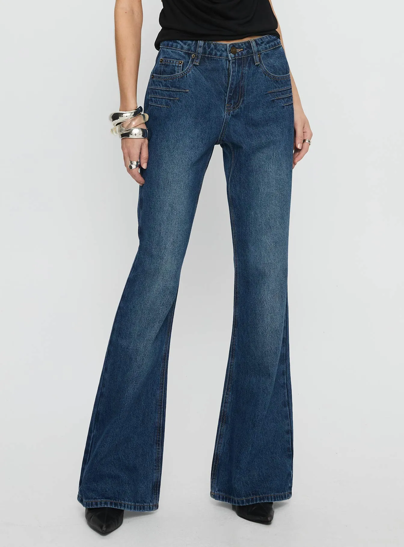 Clean Cut Wide World Mid Rise Bootleg Jeans Mid Blue