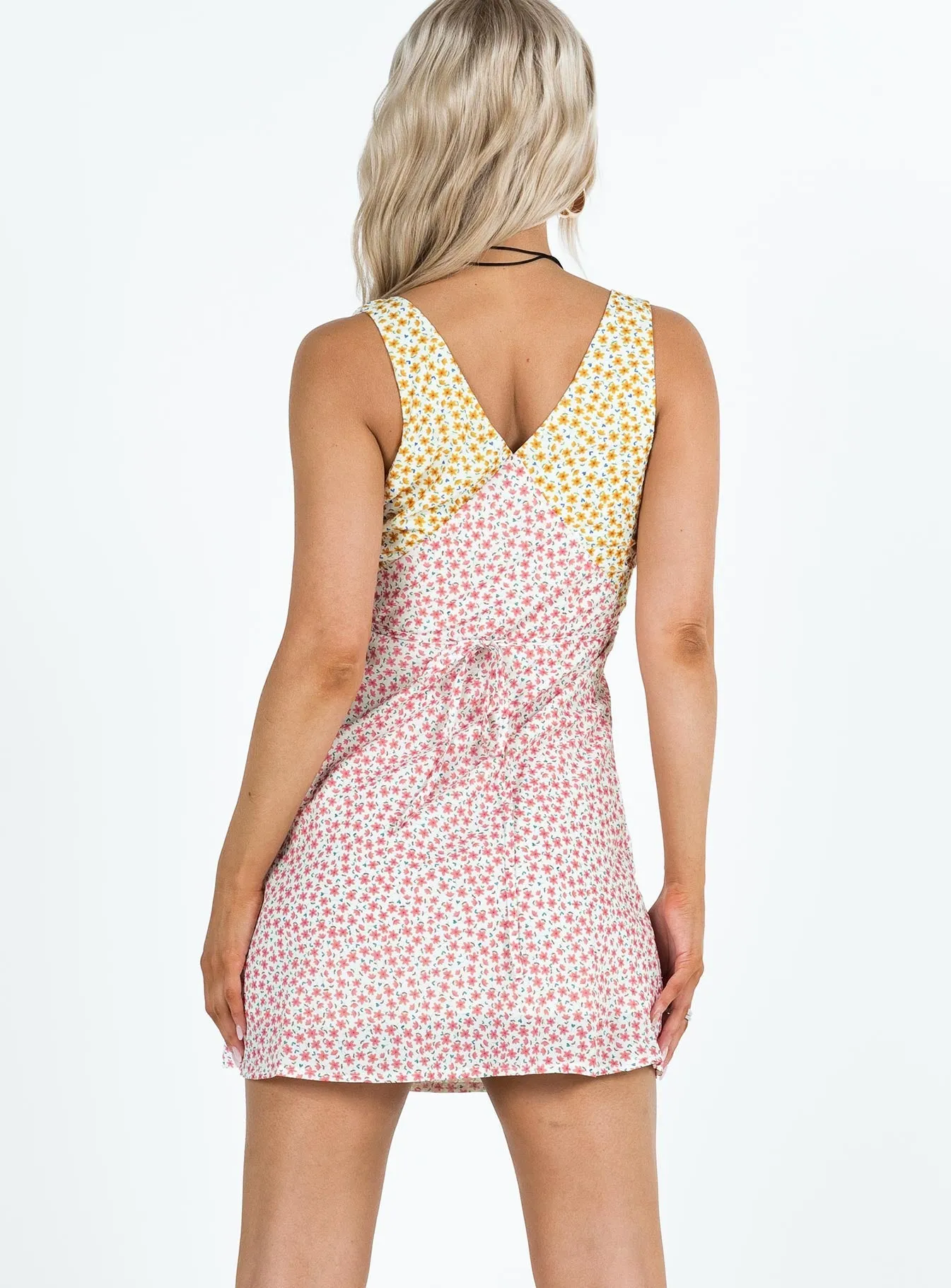 Adjustable Shoulder Straps Nellie Two Tone Mini Dress Yellow / Pink Floral