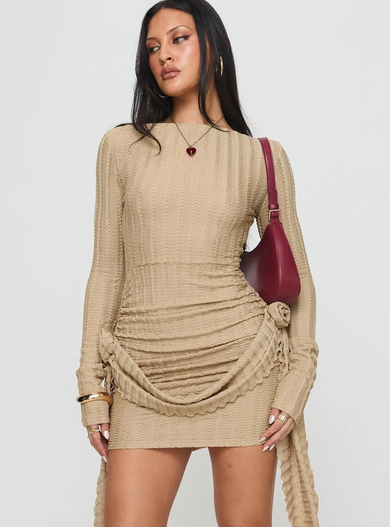 Glory Mini Dress Beige Slit Thigh Modification