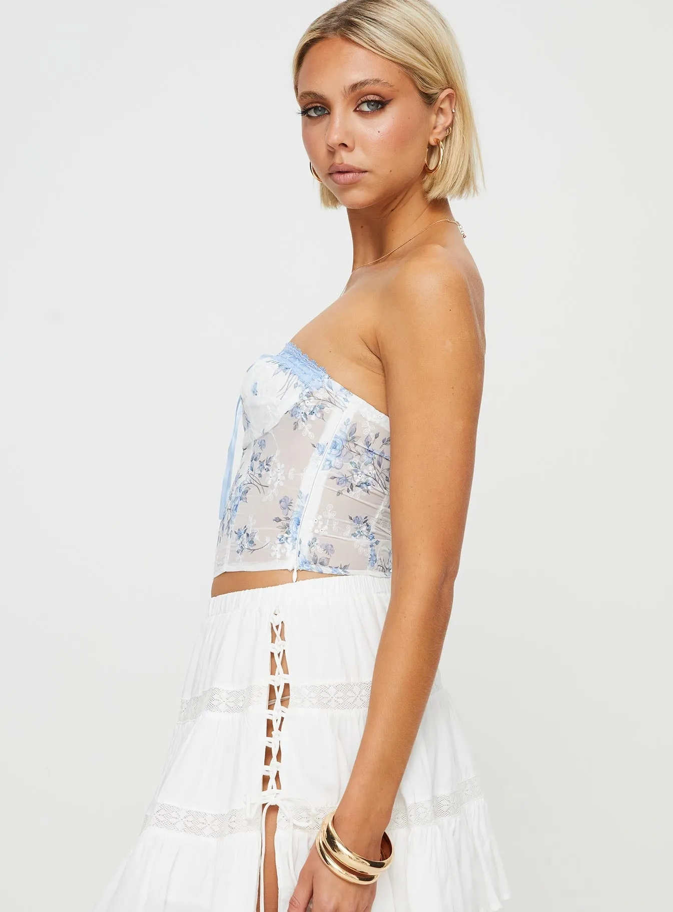Four Way Stretch Material Relaxed Tee Caitie Strapless Top Blue Floral
