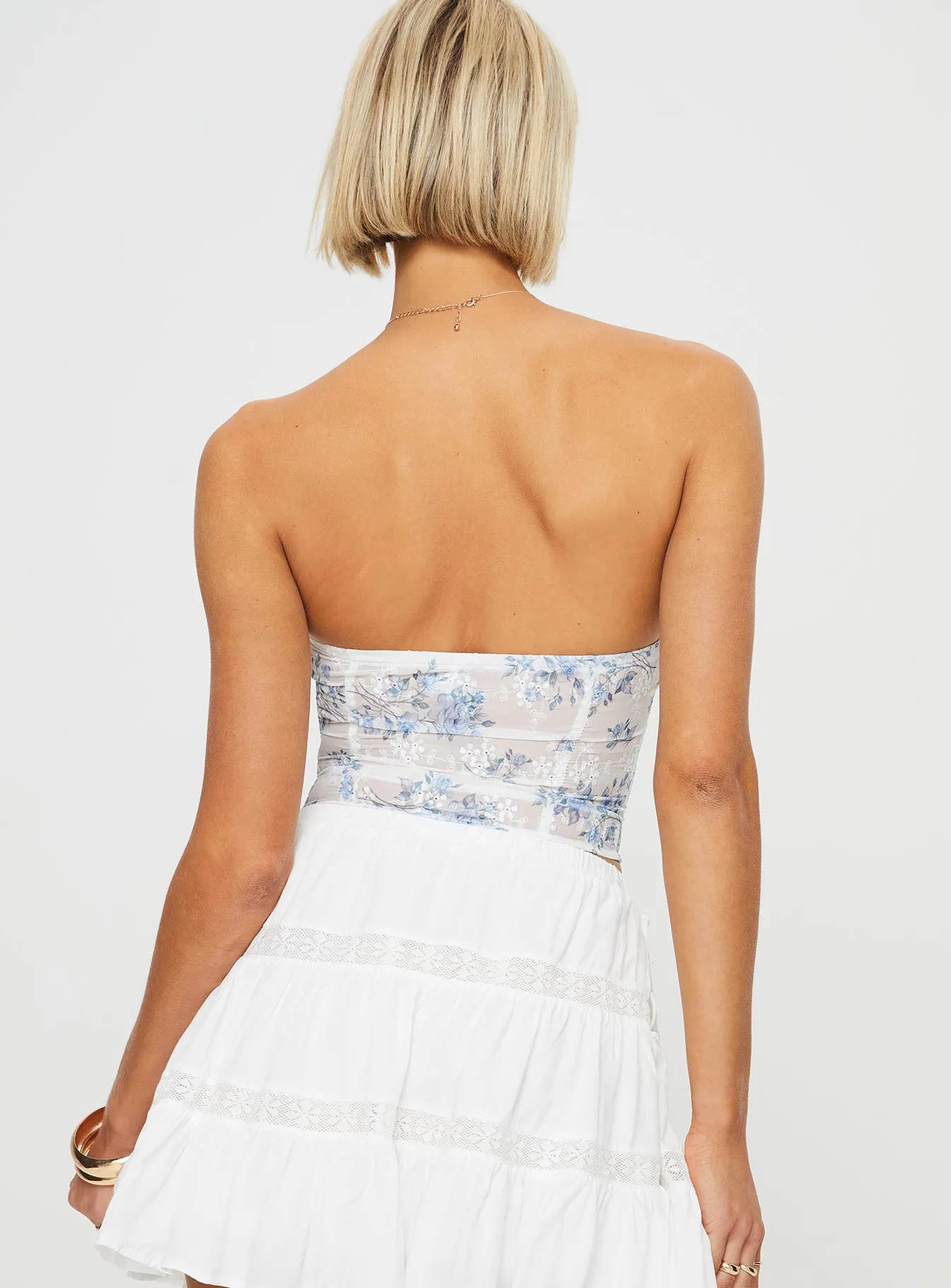 ContrastTipping Zipper Closure Caitie Strapless Top Blue Floral