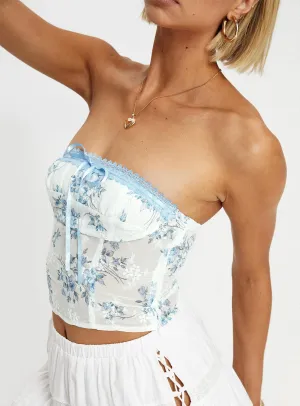 Caitie Strapless Top Blue Floral StretchFit FrayResistant Fabric