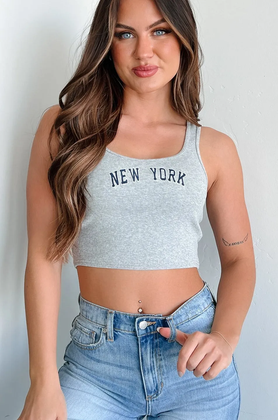 Stretch Ready Fabric low end market users New York Dreamer Ribbed "New York" Crop Tank (Heather Grey)