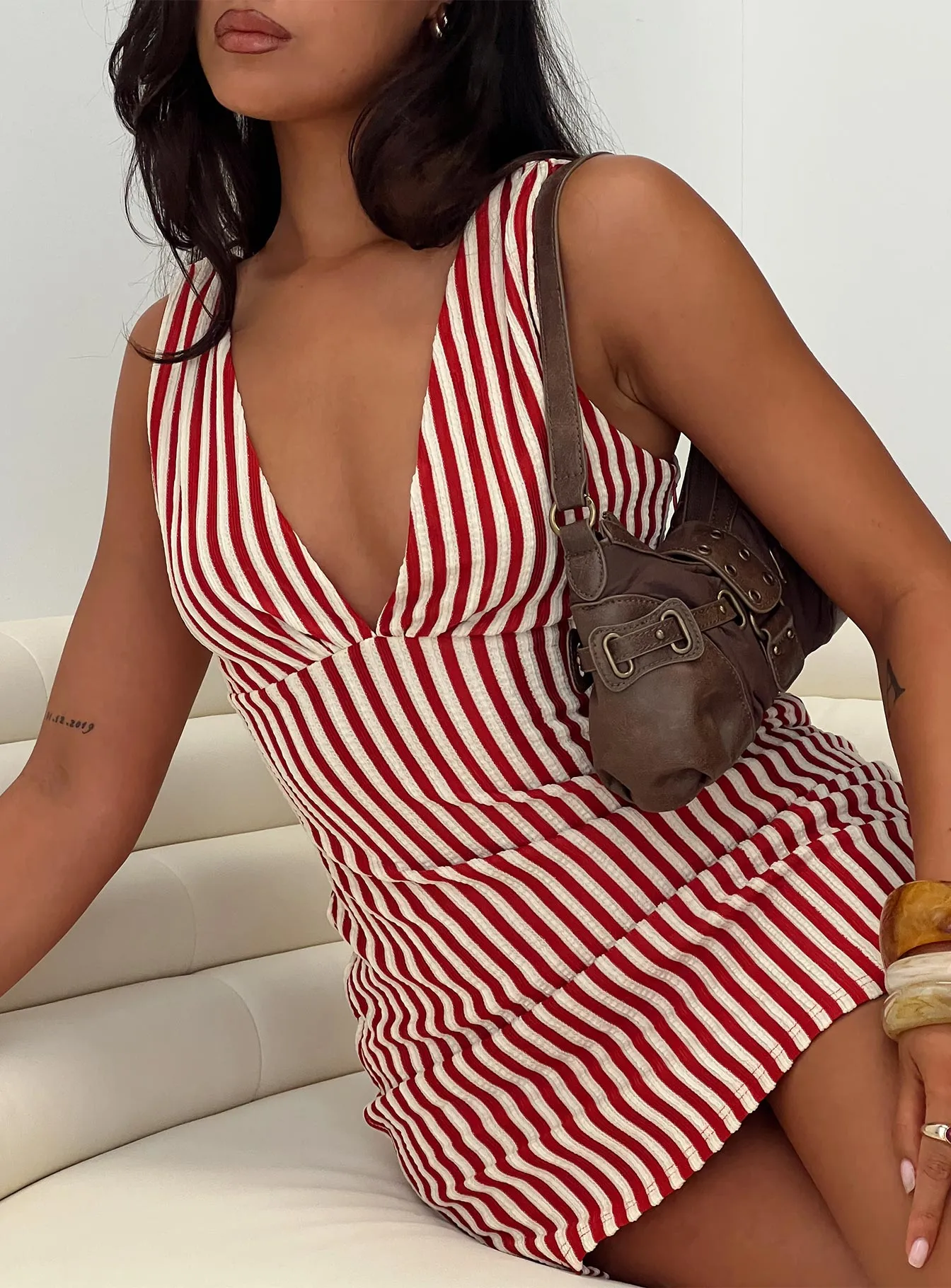 Flash Beat Anti Static Material Daphney Plunge Mini Dress Red / Cream