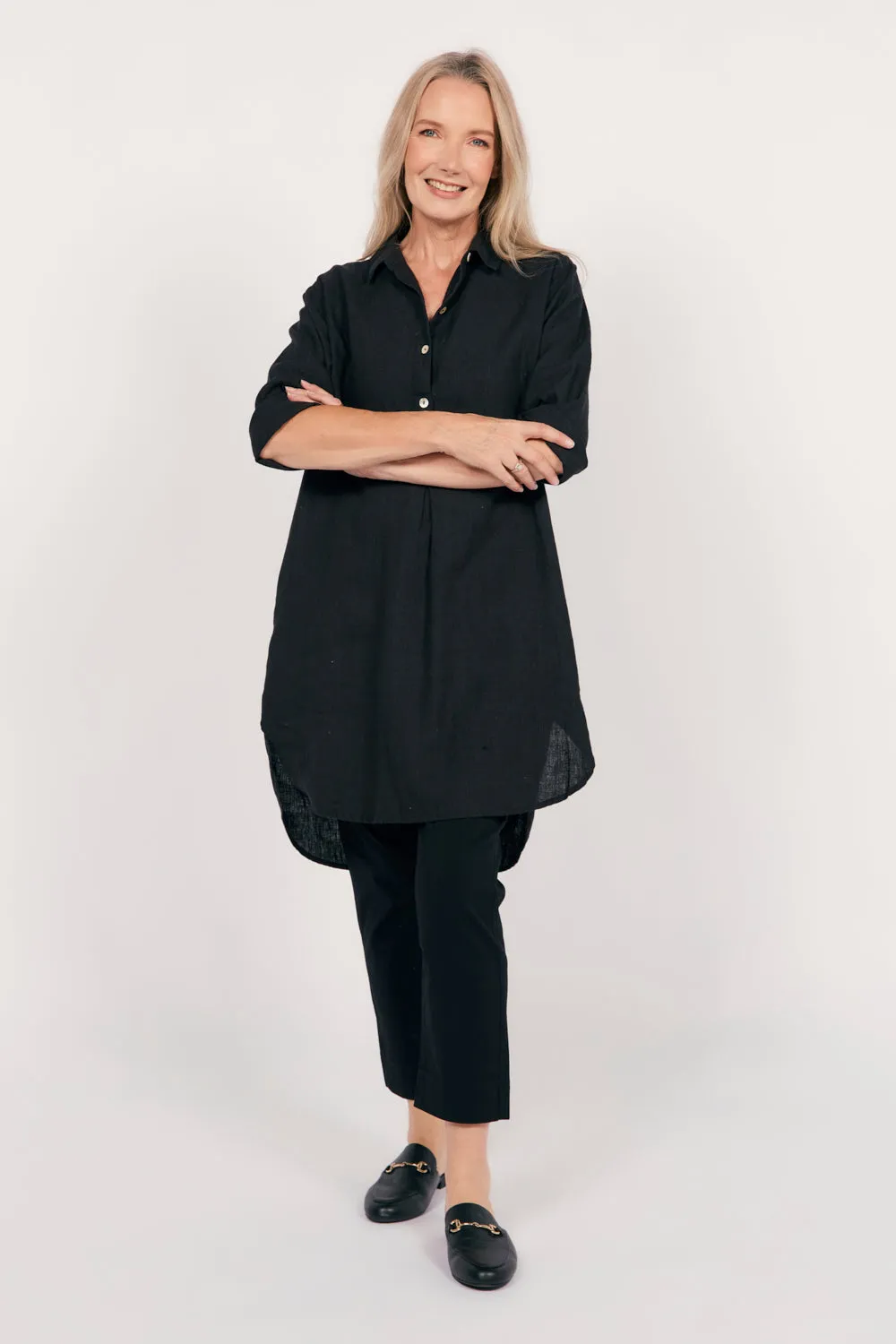 Tess Tunic Shirt Dress in Onyx WrinkleResistant Fabric DurableThreadwork