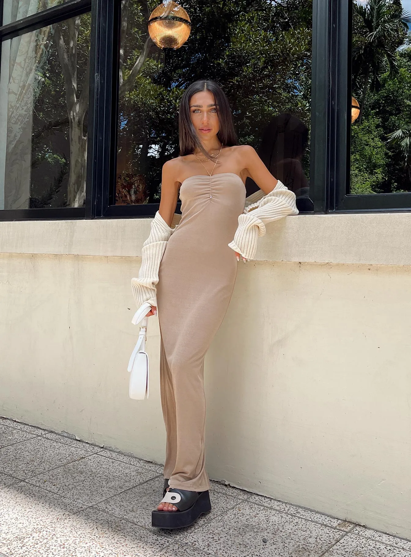 Charm Strapless Maxi Dress Brown Gold Shine