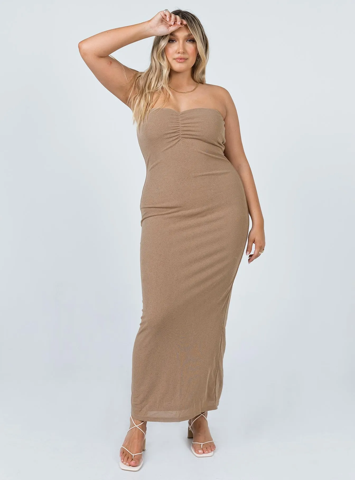 Flow Line Charm Strapless Maxi Dress Brown