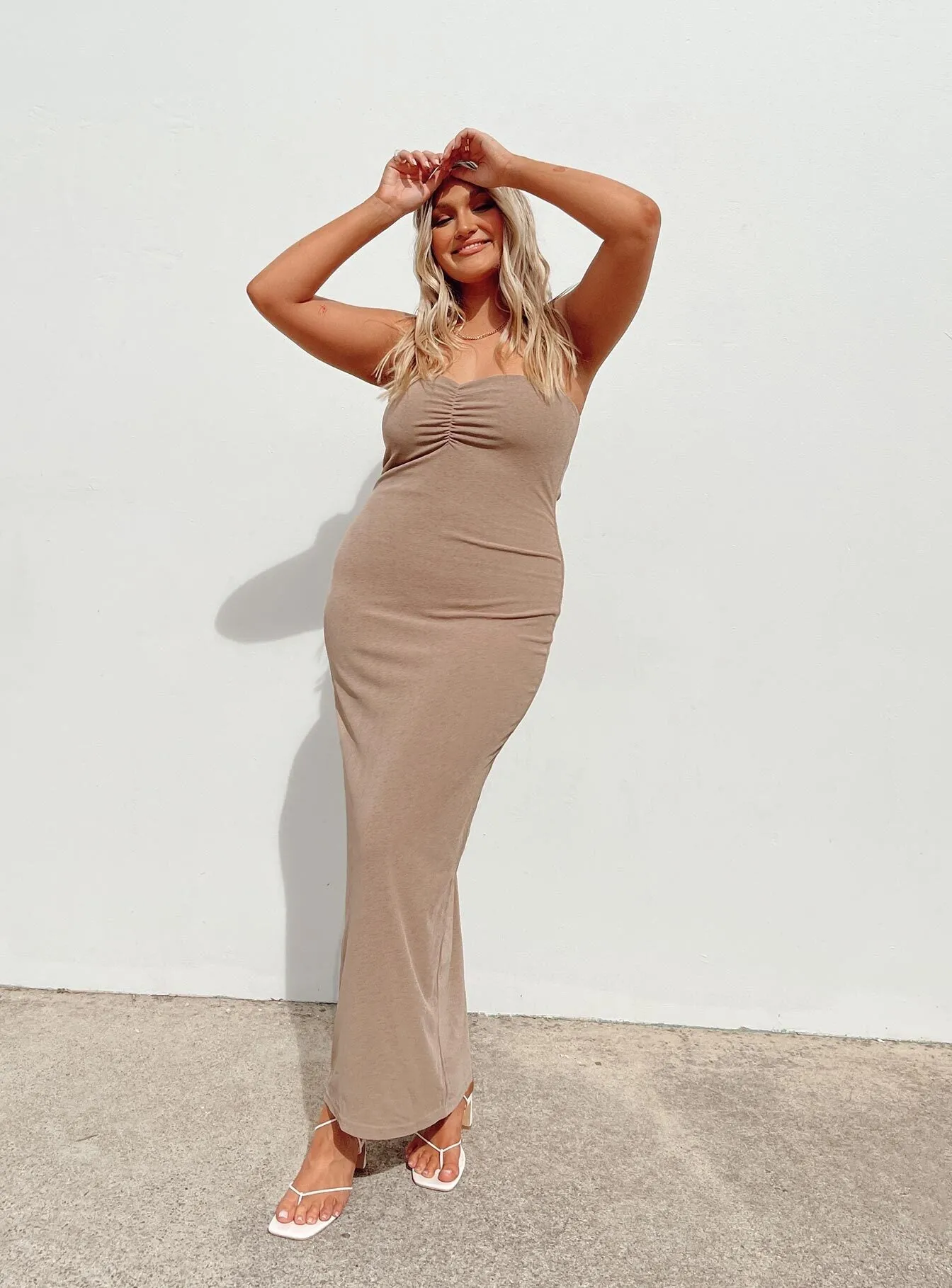 Charm Strapless Maxi Dress Brown Silk Drape Metal Shine