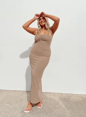 Charm Strapless Maxi Dress Brown Silk Drape Metal Shine