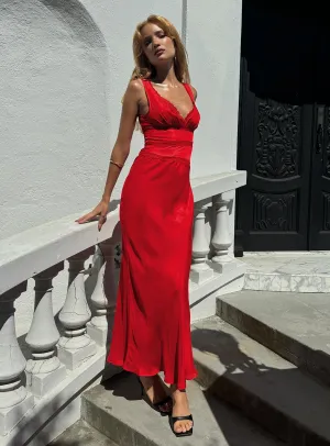 Karlotta Lace Bias Maxi Dress Red Trim Art Georgette Glow