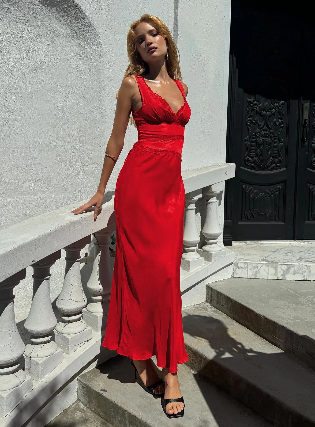 Karlotta Lace Bias Maxi Dress Red Trim Art Georgette Glow