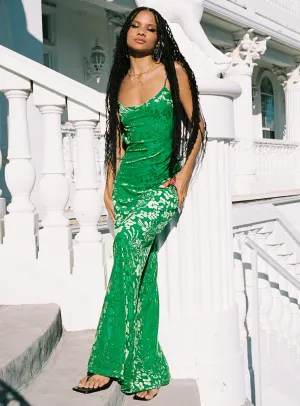 This dress works effortlessly for a variety of events providing both comfort and style Hemp Soft Burn Out Velvet Maxi Dress Green