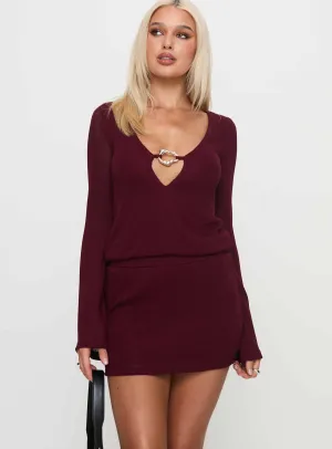 Charming Long Sleeve Mini Dress Maroon Stage Glow