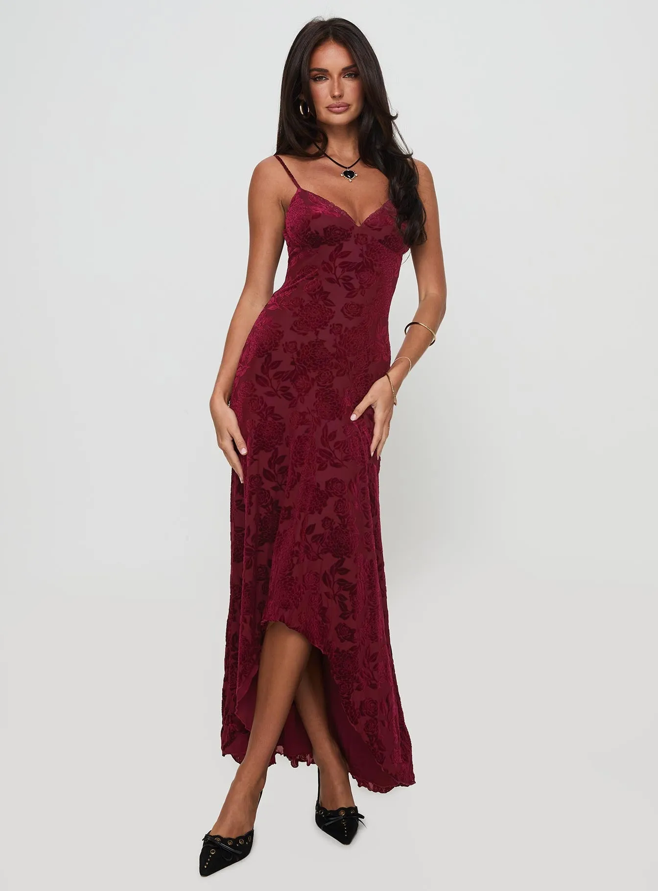 Fashionable long silhouette Rumours Slippy Burnout Maxi Dress Burgundy