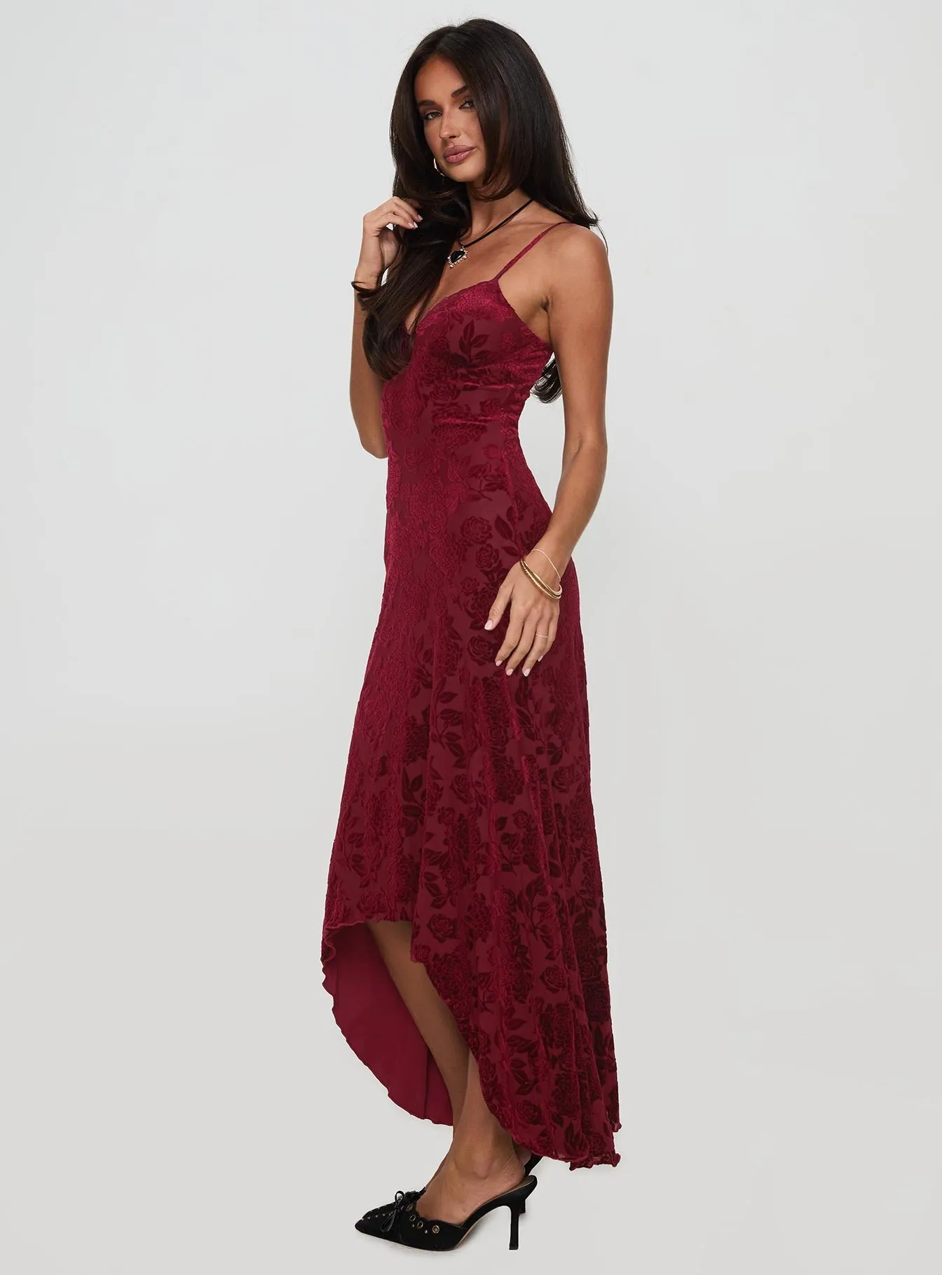 Rumours Slippy Burnout Maxi Dress Burgundy Organza Glow Bold printed floor dress