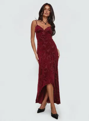 Blossom View Off Shoulder Rumours Slippy Burnout Maxi Dress Burgundy