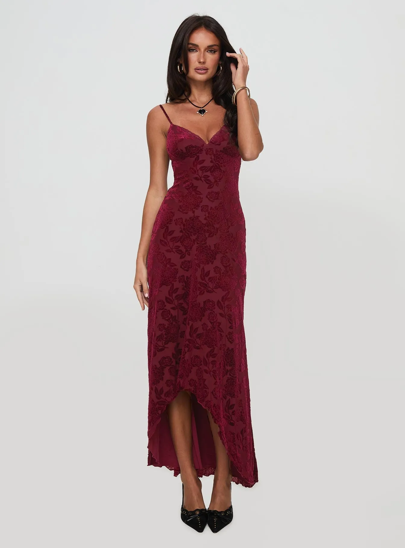 Elegant formal maxi Goddess Glow Rumours Slippy Burnout Maxi Dress Burgundy