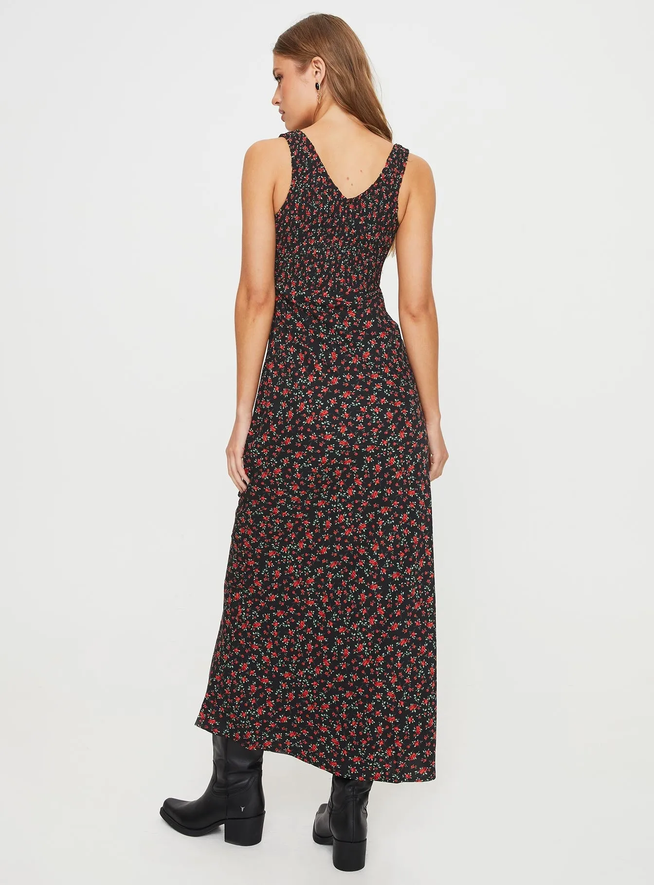 Blue Hour Bareena Bias Cut Maxi Dress Black / Red Floral