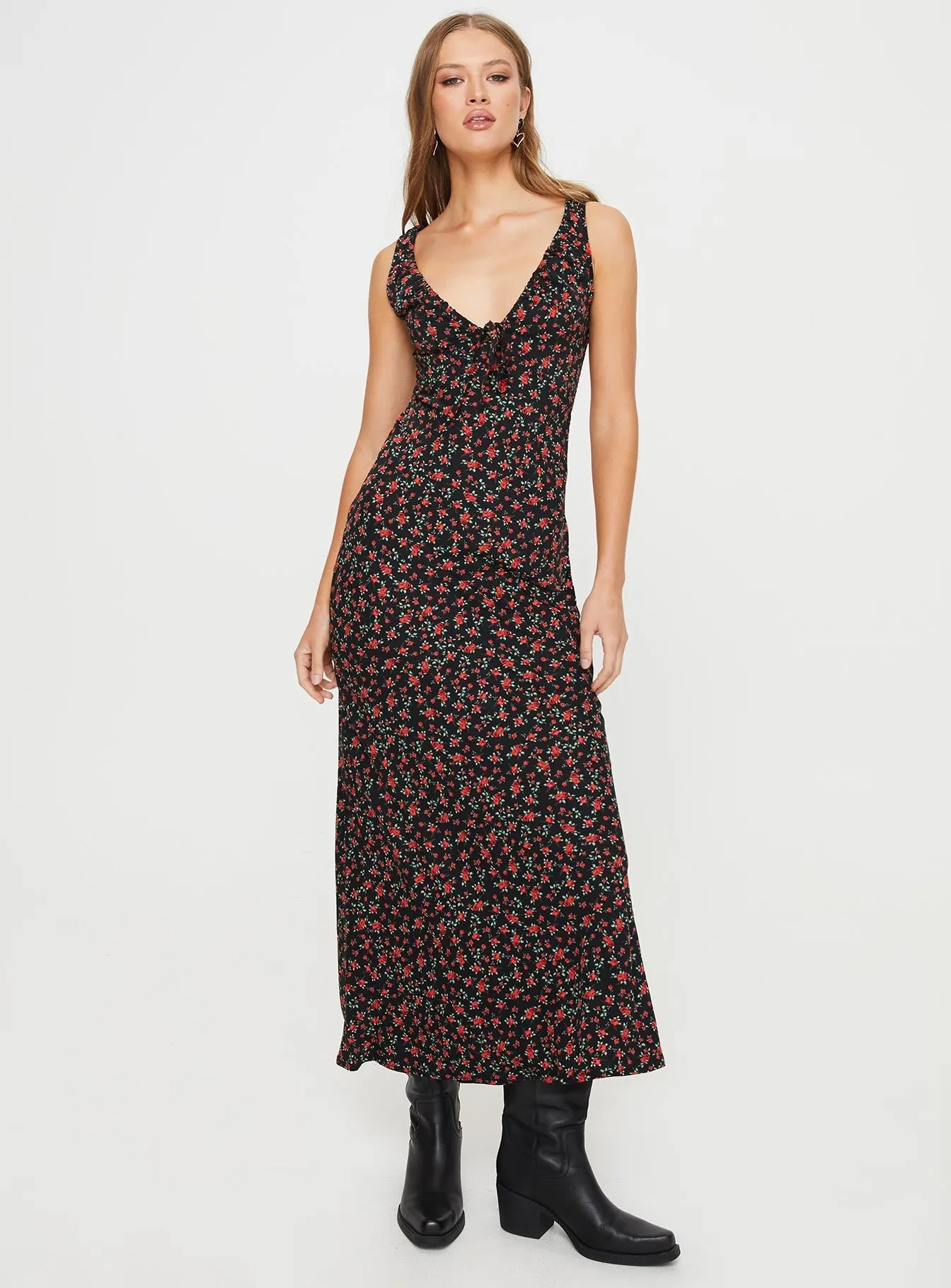 Bareena Bias Cut Maxi Dress Black / Red Floral spring fresh
