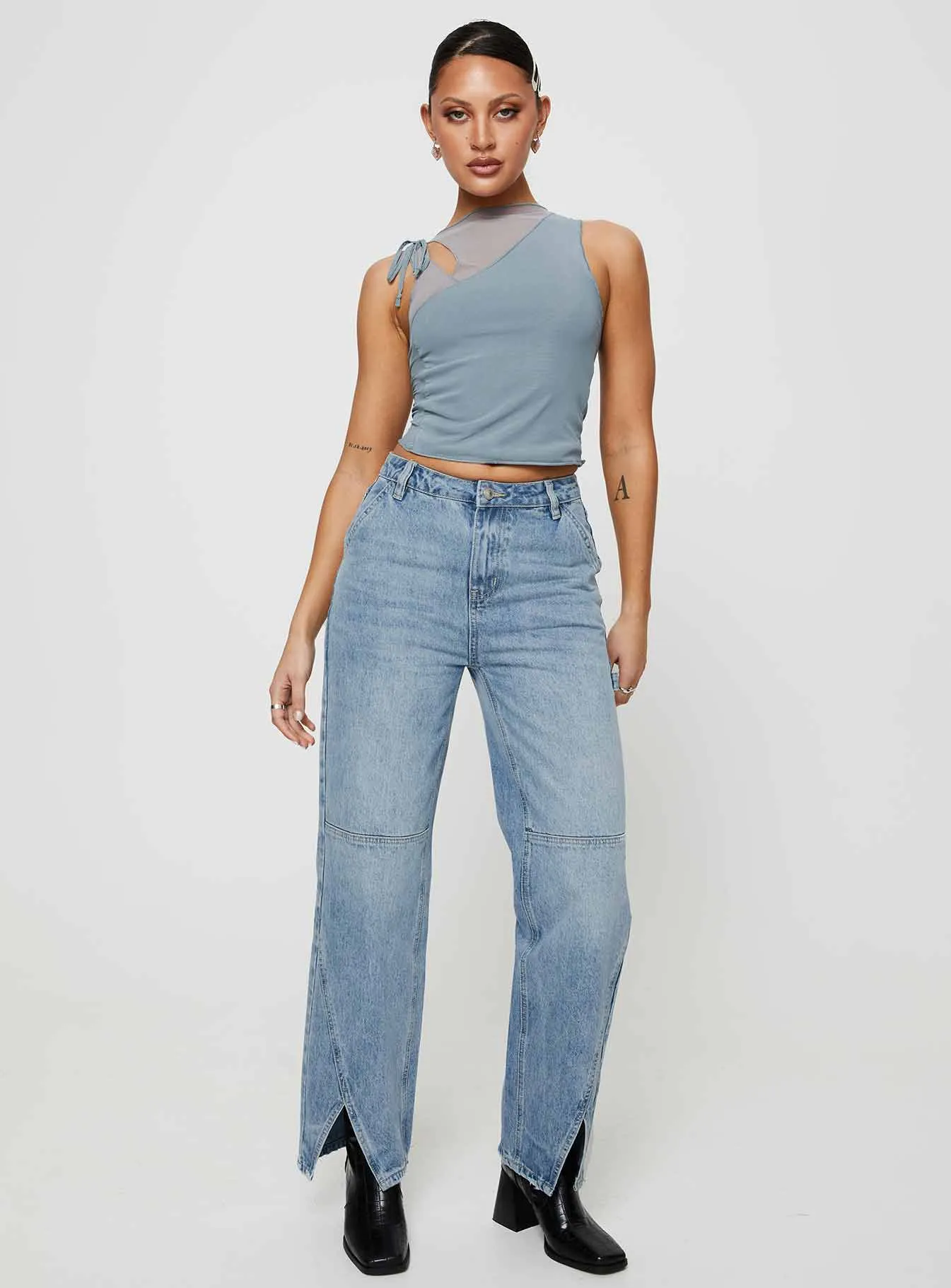 Rihanna Split Hem Jeans Mid Blue Professional Wear Artist Vibe One For All
